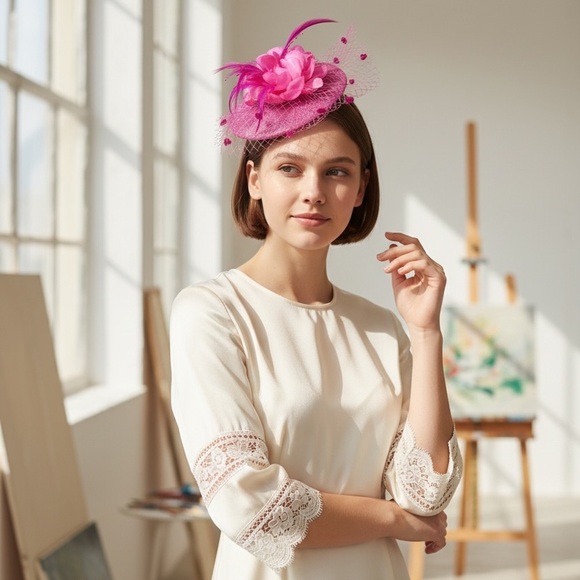 Accessories - Elegant Fushia Pink Feather & Mesh Fascinator Hat with Hair Clip